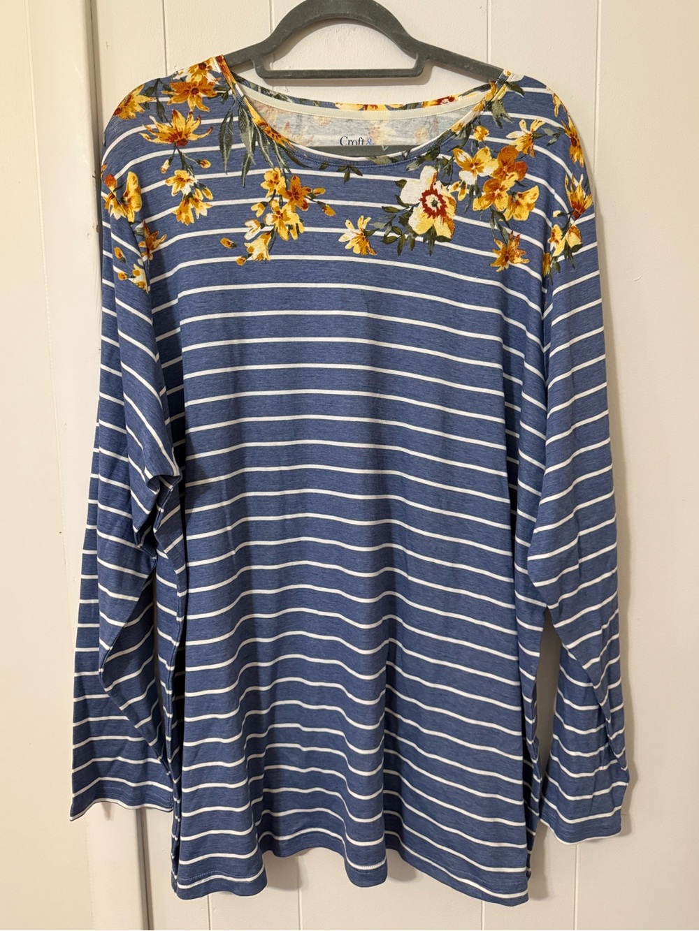 croft & barrow Blue and White Striped Long-Sleeve Top with Yellow Floral Yoke